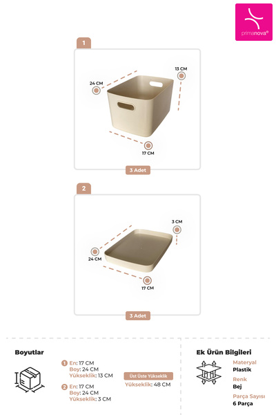 Prima Nova Linea 6 Parça Dolap İçi Mutfak Çocuk Odası Raf Düzenleyici Saklama Kutusu - Bej