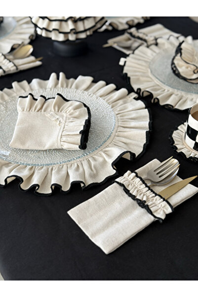 KaiAtelier 4-Piece Natural Ruffle Detailed Linen Embroidered Cutlery Cover
