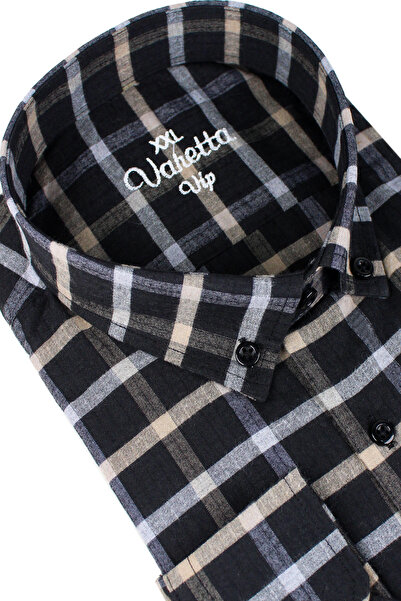 Varetta Plus Size Men's Black Wool Winter Shirt – Wide Cut Flannel Model with Pockets