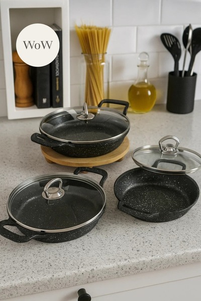 WOW طقم قدور جرانيت مصبوب 6 قطع - أسود مع أغطية زجاجية (18، 20، 22 سم)