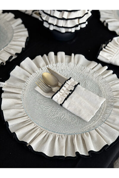 KaiAtelier 6-Piece Natural Ruffle Detailed Linen Embroidered Cutlery Cover