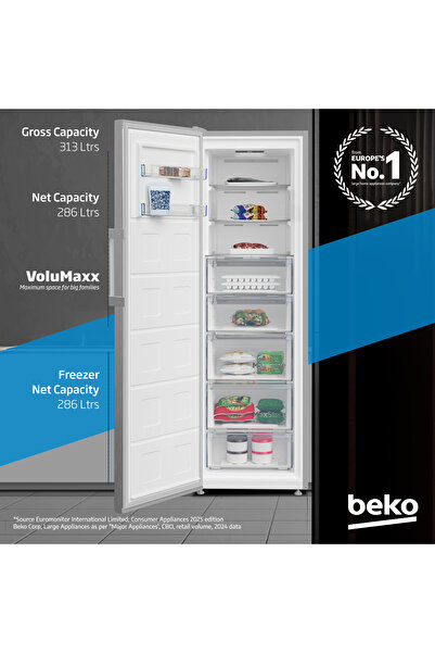 Beko Upright Freezer 313L Gross (286L Net)Capacity, Single Door, No Frost, Low noise, RFNE360X(Inox)