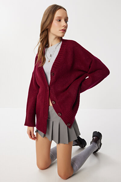 Lovelyİstanbul Oversized Plain Knitwear Cardigan Lnf0027 Bordo