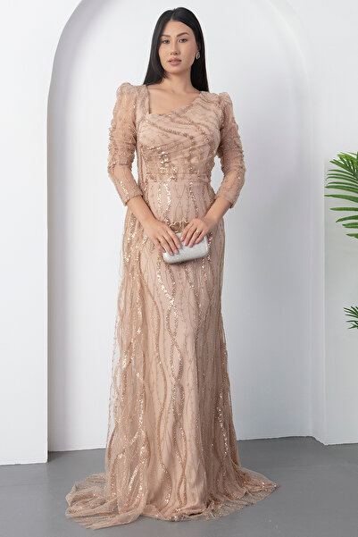 PULLIMM İp Yaka Uzun Kol Boncuklu Tül Elbise DMN5226