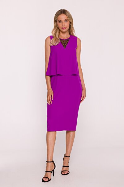 Stylove s422 Elegant dress with double top and lace insert