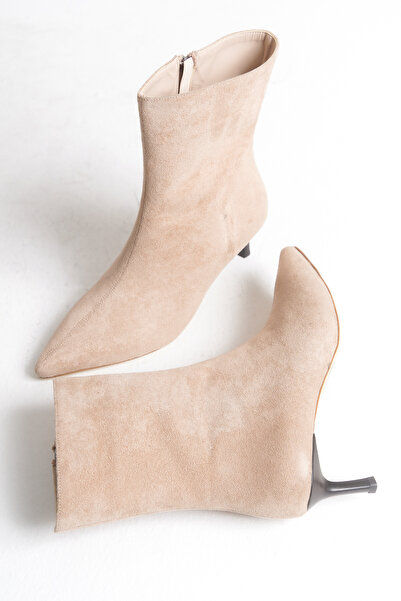LDR Kadın Bej Süet Sivri Burun İnce Topuklu Fermuarlı Bot
