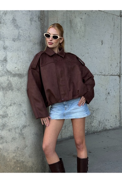 b buhari bykoc سترة قصة فضفاضة تريند بومبر من جلد الغزال