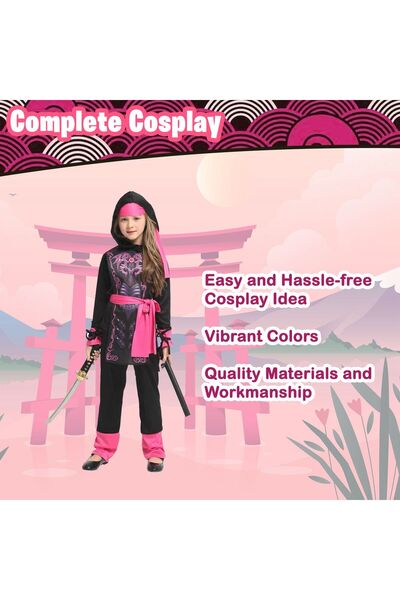 Oxygen Plus Costum de ninja pentru fete — Set de 5 piese (Glugă, Eșarfă, Tuni...