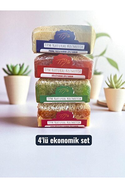 Tpm Natural Handmade Pumpkin Fiber Soap 4 in 1 Set (Aloe Vera, Donkey Milk, Rose, Rice) 440 Grams