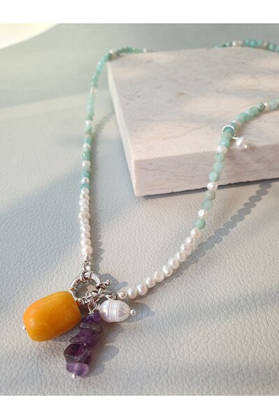 Abundo Cultured pearl and amazonite necklace with pearl, jade and amethyst pendant with 925 silver, 54 cm
