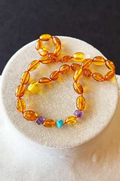 İpek Kehribar Yassı Karamel Original Drop Amber Baby Girl & Child Necklace – Turquoise Amethyst Stone Silk-345
