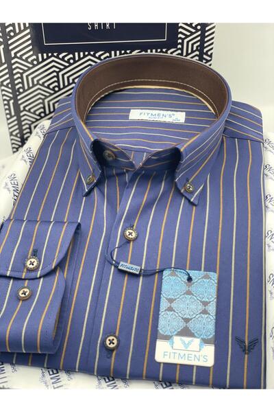 Fitmens Slim Fit Long Sleeve Premium Striped Collar Buttoned Men's Shirt with Gift Box Fs-004334 - Navy Blue Coffee