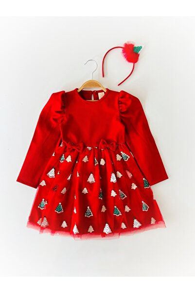 COLORED BABY Girl's Watermelon Sleeve Christmas New Year Themed Red Dress and Crown Set