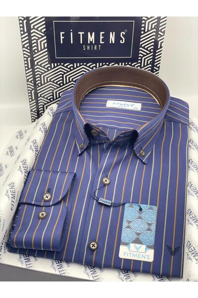 Fitmens Slim Fit Long Sleeve Premium Striped Collar Buttoned Men's Shirt with Gift Box Fs-004334 - Navy Blue Coffee
