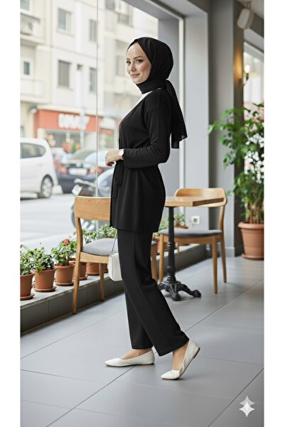 ECEYLÜL MODA Tesettür İkili Takım Beli Bağlamalı Kimona Ve Bol Paça Pantolon Siyah Günlük Şık İkili Takım