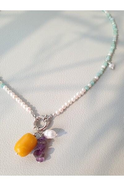 Abundo Cultured pearl and amazonite necklace with pearl, jade and amethyst pendant with 925 silver, 54 cm