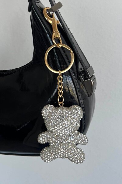 TAKIŞTIR Silver Color Stone Detailed Bag Charm/Keychain with Gold Color Teddy Bear Figure