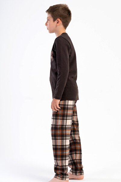 VİENETTA Boy's Brown Long Sleeve Crew Neck Plaid Bottom 2 Thread Pajama Set C2T9N0305