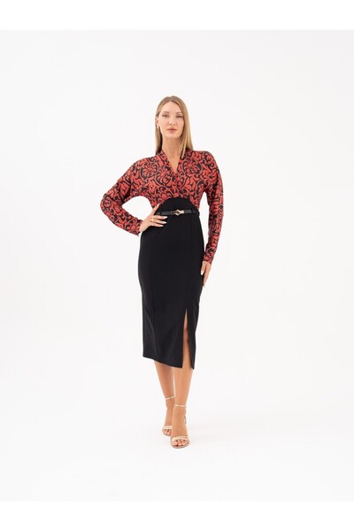 SERPİL Desenli Kuşaklı Yırtmaç Detaylı Midi Elbise 39538