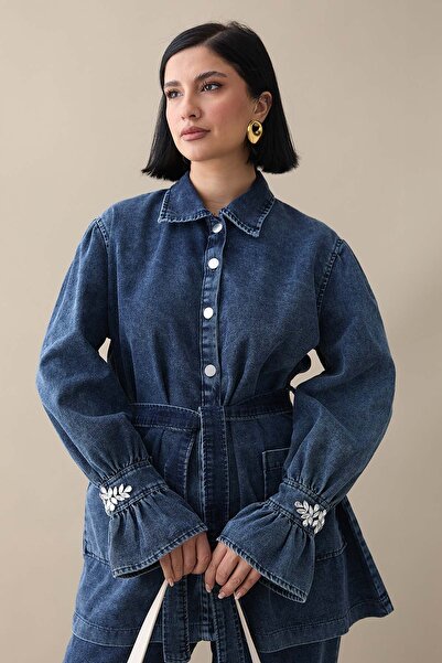 InStyle Костюм з рукавами з камінцями та воланами, темно-синій