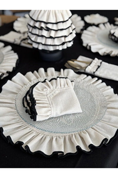 KaiAtelier 6 bucăți șervețele de in brodate natural cu volane, 35 cm