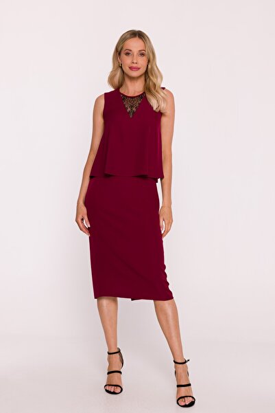 Stylove s422 Elegant dress with double top and lace insert