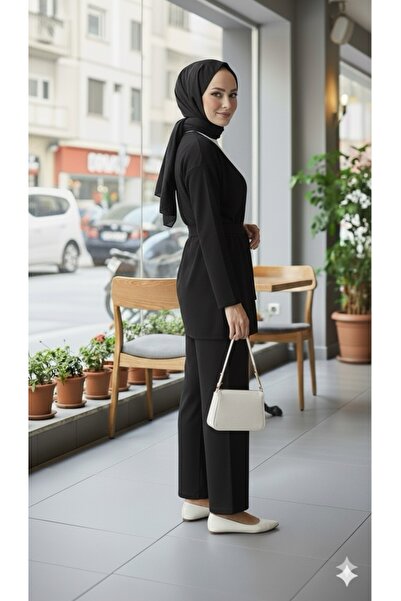 ECEYLÜL MODA Tesettür İkili Takım Beli Bağlamalı Kimona Ve Bol Paça Pantolon Siyah Günlük Şık İkili Takım