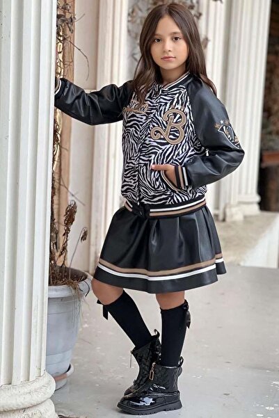 Riccotarz Girl's V Cool Writing Printed Sweatshirt Zebra and Gold Striped Detail Leather Jacket with Skirt Set