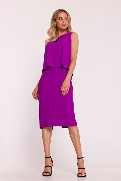 Stylove s422 Elegant dress with double top and lace insert