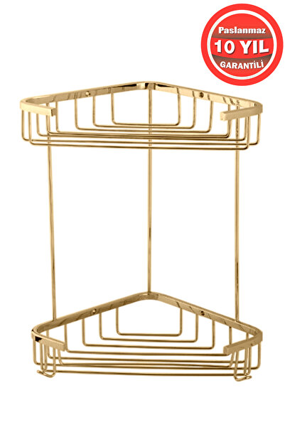 BanyomHome Clk Paslanmaz Pirinç 18x18cm 2'Li Şampuanlık Banyo Rafı Altın Gold...