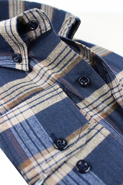 Varetta Plus Size Men's Navy Blue Wool Winter Shirt – Wide Cut Flannel Model with Pockets