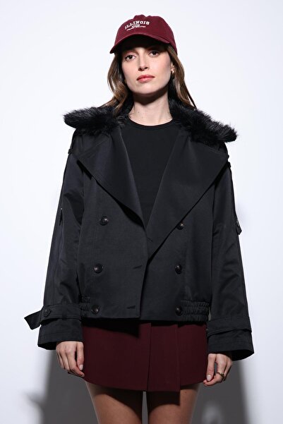 Antioch Siyah Suni Kürklü Kısa Kadın Trençkot