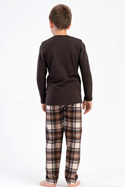 VİENETTA Boy's Brown Long Sleeve Crew Neck Plaid Bottom 2 Thread Pajama Set C2T9N0305