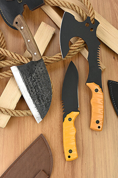 SENBANG 3’lü Outdoor Kamp Balta & Bıçak Seti – Tamamı Deri Kılıflı – Profesyonel Çok Amaçlı Kesici Set