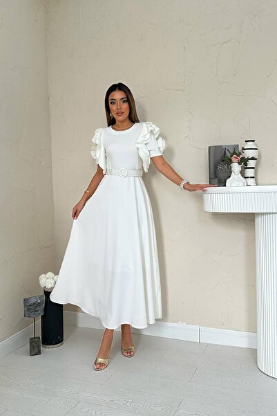 Leina A Kesim Kemerli Kolları Volanlı Elbise