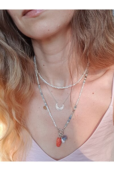 Abundo Colier din perle de cultura si acvamarin cu pandantiv din perla, jad si agat cu argint 925, 54 cm