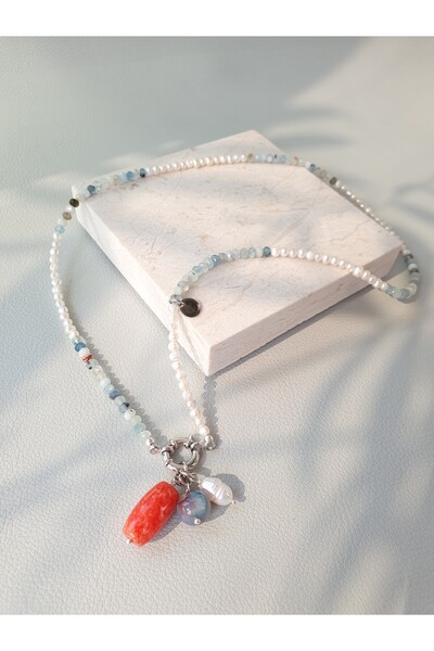 Abundo Cultured pearl and aquamarine necklace with pearl, jade and agate pendant with 925 silver, 54 cm