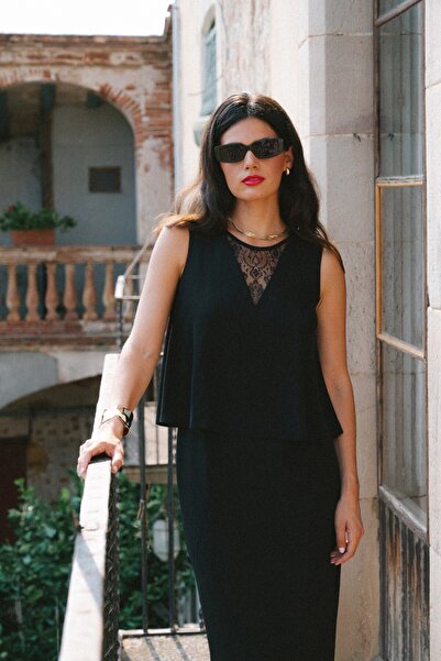 Stylove s422 Elegant dress with double top and lace insert