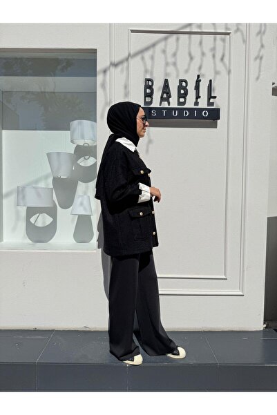 Babil Butik Moon Shirt Detailed Tweed Jacket Black