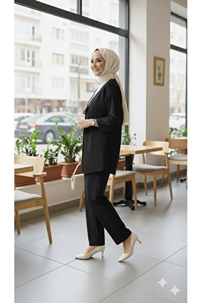 ECEYLÜL MODA Black Hijab Two-Piece Set with Tie-Front Kimono Jacket and Wide-Leg Pants, Casual Chic, New Season