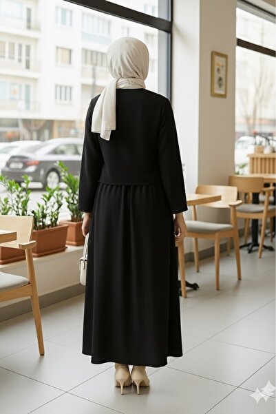 ECEYLÜL MODA Black Hijab Skirt Suit, Tie-Up Short Jacket and Long Skirt Two-Piece Set, Stylish Casual New Season