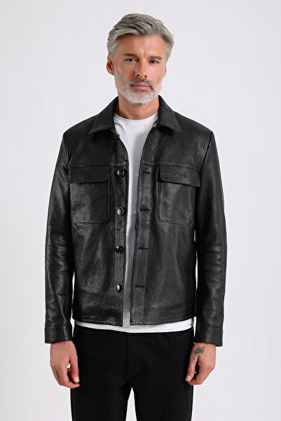 MQ Leather Maroquin Leather Gent Erkek Siyah Deri Gömlek