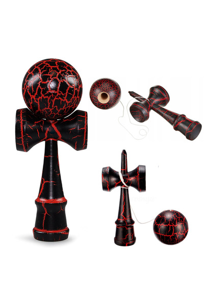 Teno Kendama profesională din lemn Teno®, model crăpat, durabilitate ridicată, 18 cm, negru/roșu
