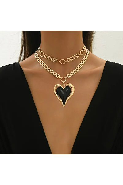 TAKİŞKO Plated Heart Model Double Steel Necklace