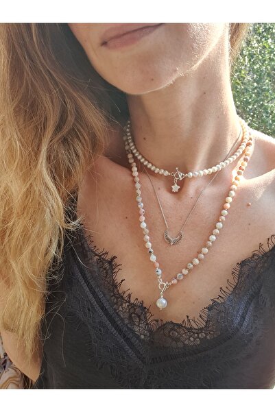 Abundo Cultured pearl necklace with mother-of-pearl and 925 silver star pendant, 39 cm