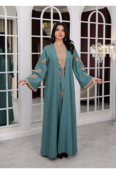 NHMODA Belted Wide Sleeve Draped Embroidered Hijab Two-Piece Suit