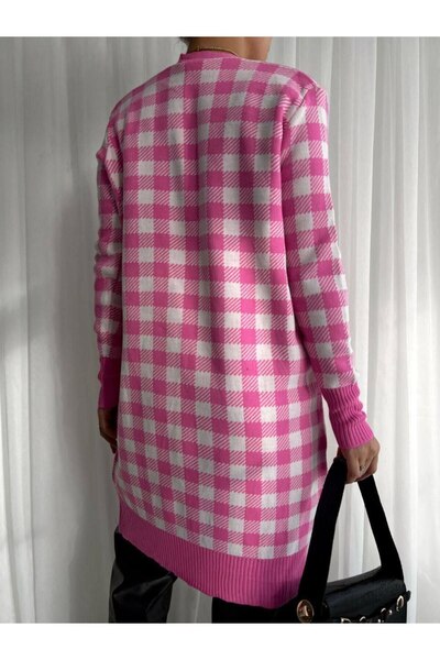 vuvutasarım New Season Plaid Patterned Double Color Knitwear Women's Long Cardigan 069