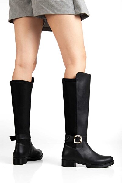 SHESTORE kadın siyah çizme dalgıç kumaş dizaltı tokalı şık ve rahat k401