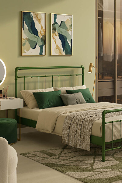 Unimet Odin Çift Kişilik Metal Karyola-Yeşil (AHŞAP LATALI)