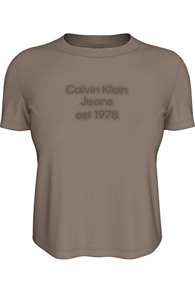 Calvin Klein Women Taupe Gray Slim Washed Puff Back Print T-Shirt